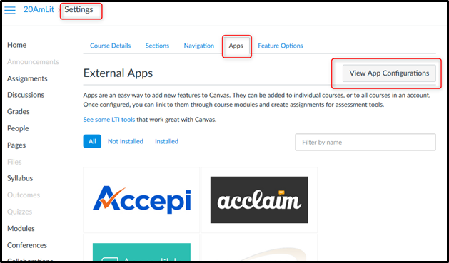 Canvas course settings, apps, view app configurations