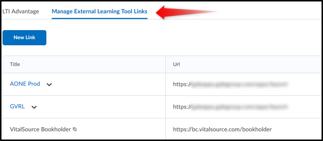 D2L course admin. Manage external learning tool links.